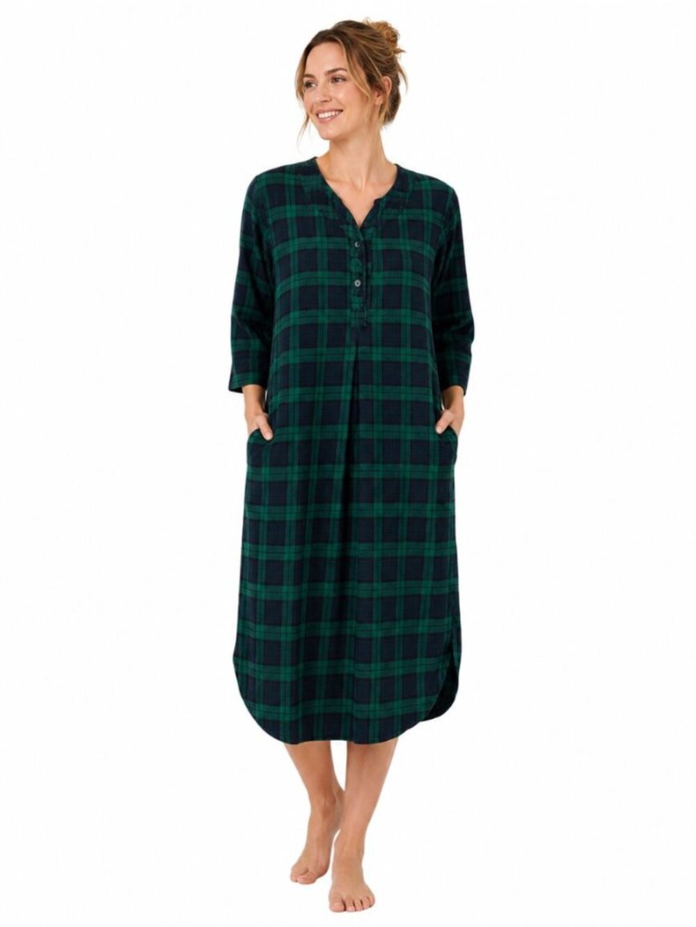 Vermont Country Store Womens Flannel Nightgown Cotton Plaid Green Navy Size S